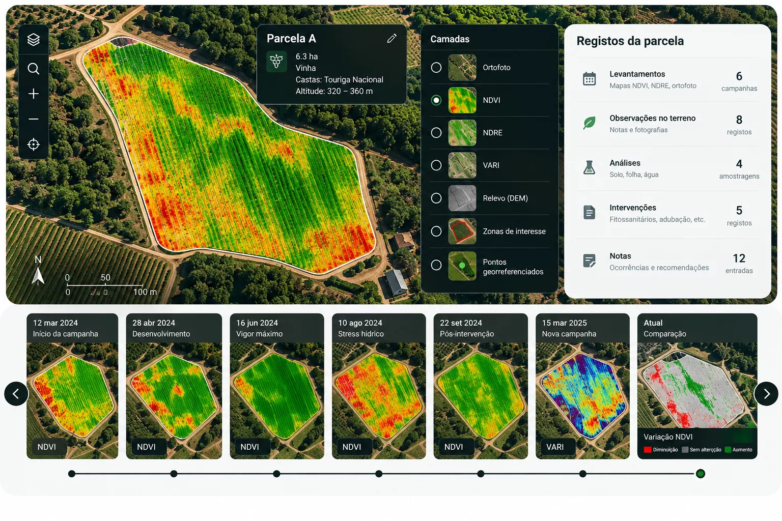 Histórico georreferenciado de uma parcela agrícola com mapas, levantamentos, observações, análises e comparação entre diferentes datas