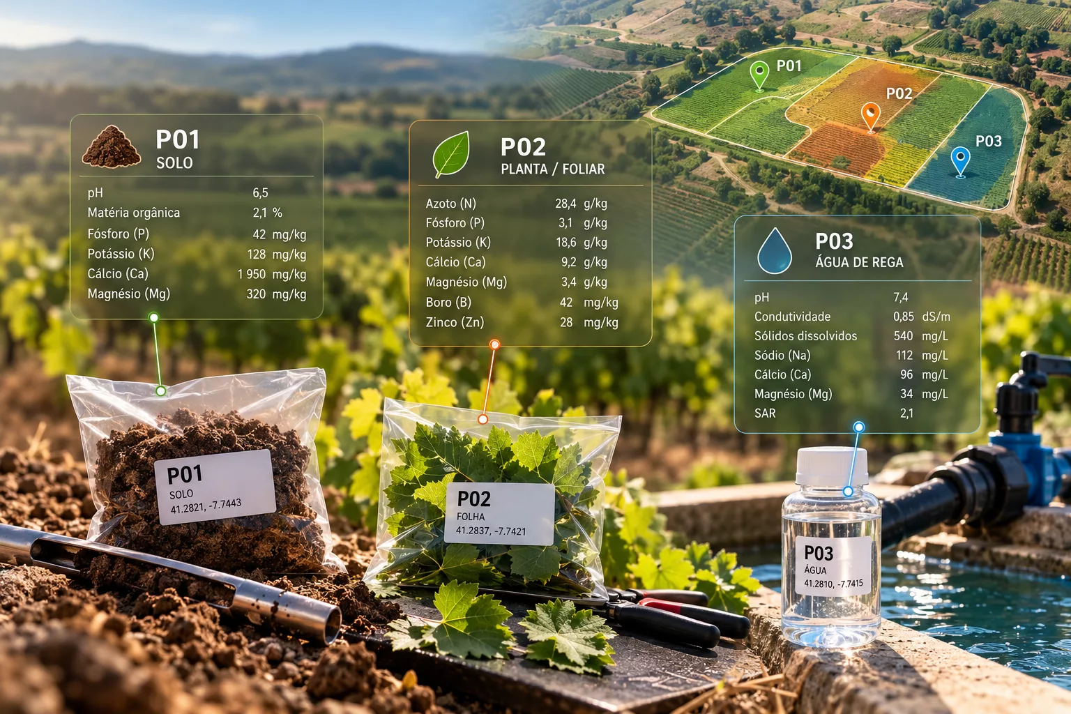 Amostragem agrícola de solo, material vegetal e água de rega com pontos georreferenciados