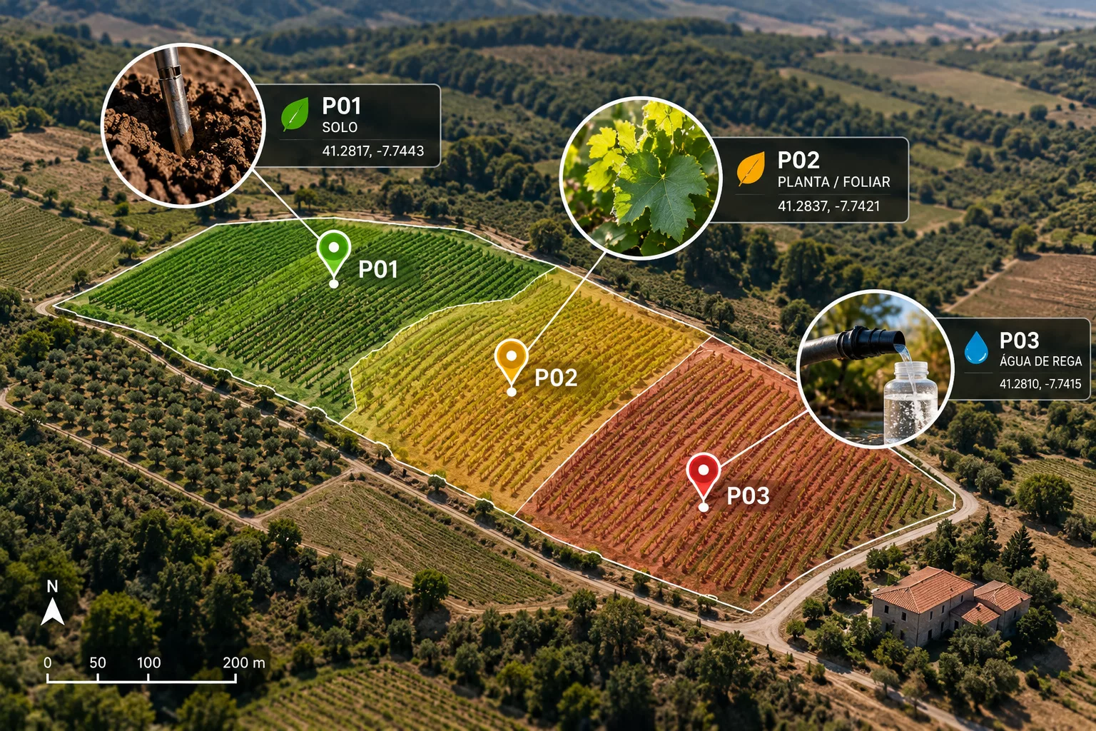 Amostragem agrícola dirigida por zonas com pontos georreferenciados para solo, material vegetal e água de rega