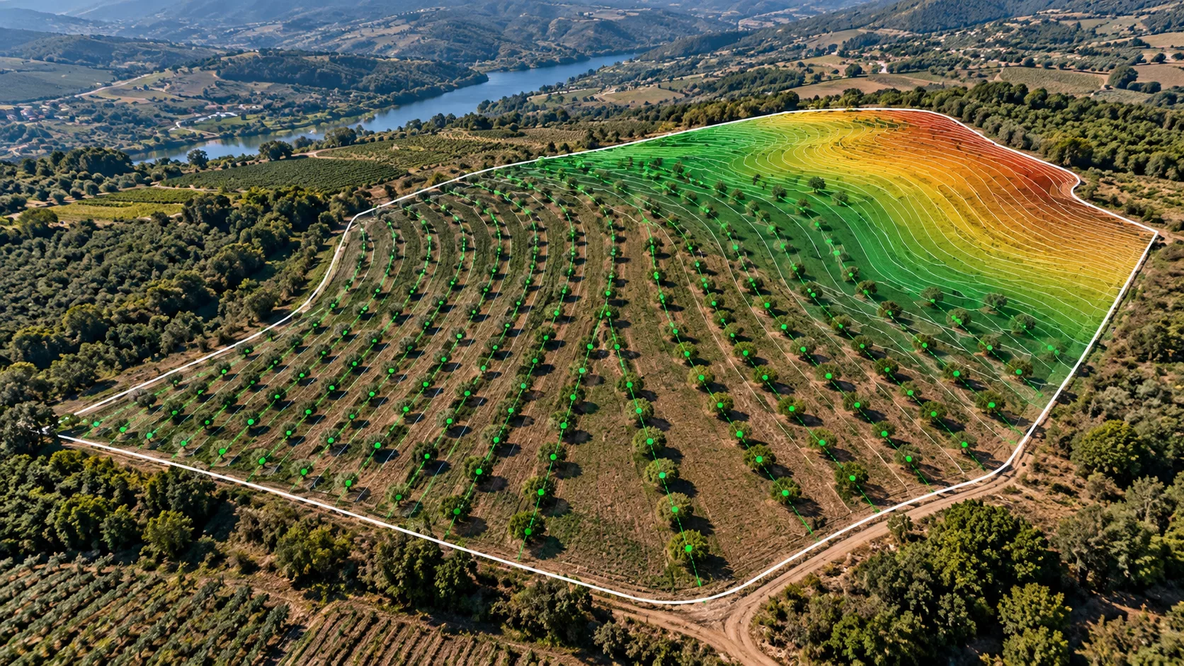 Mapa de implantação agrícola com linhas de plantação e posições georreferenciadas planeadas