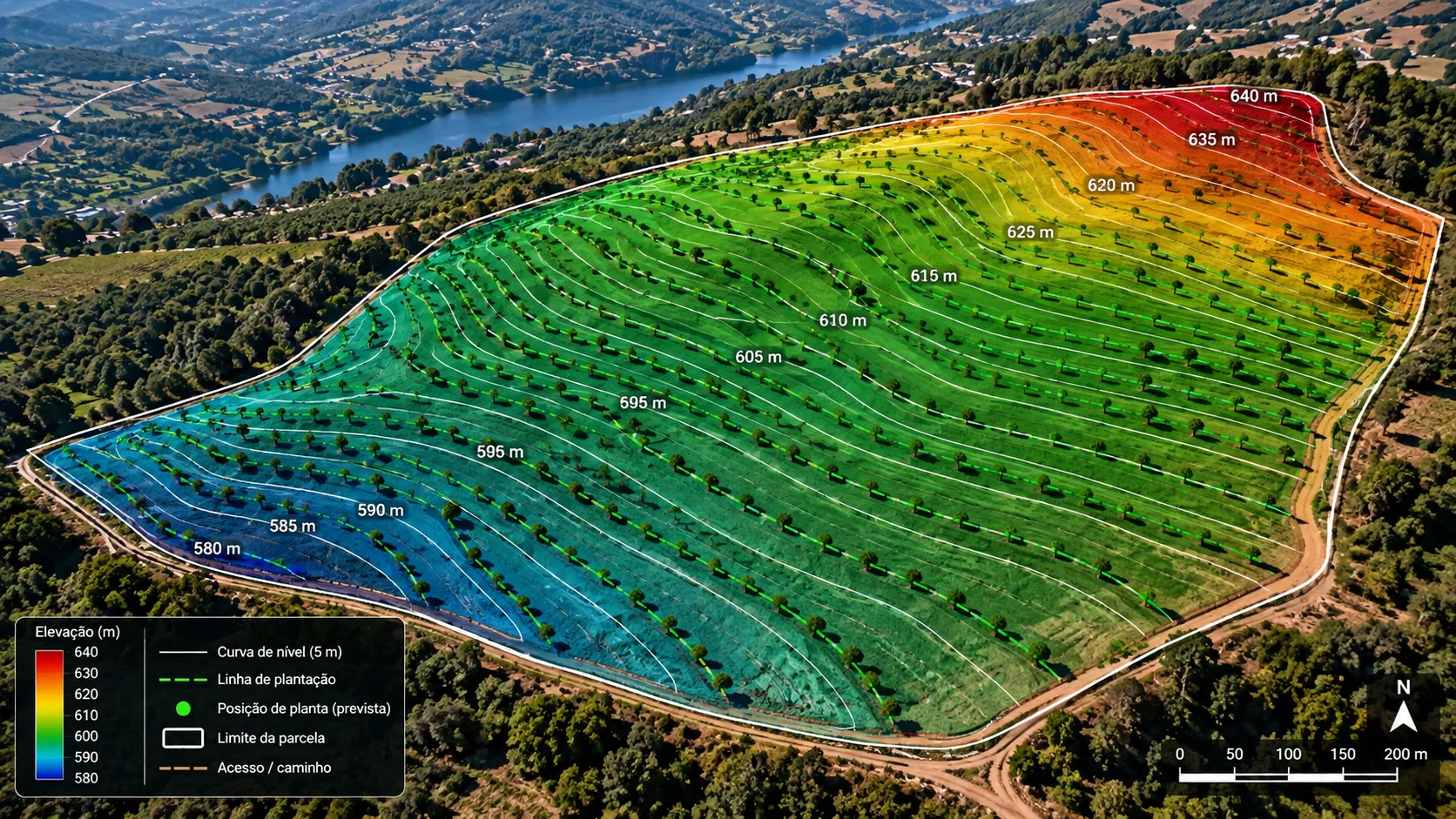 Mapa de relevo e altimetria agrícola com curvas de nível, cotas, linhas de plantação e legenda cartográfica