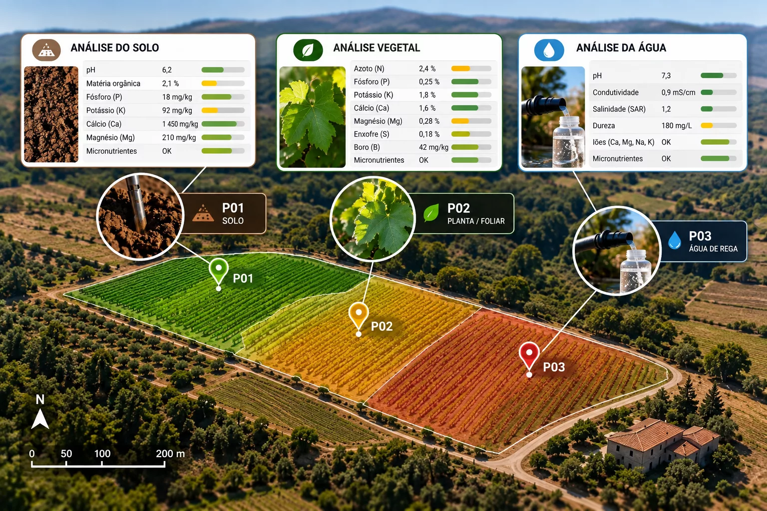 Resultados de análises de solo, material vegetal e água de rega associados a pontos georreferenciados da parcela
