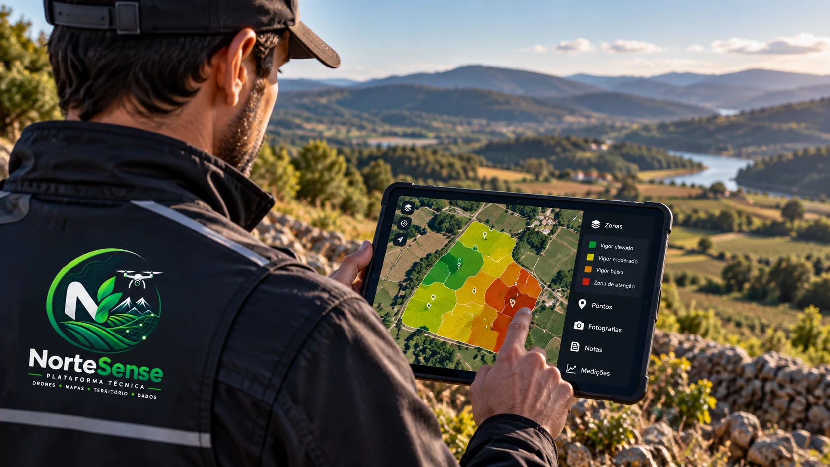 Técnico NorteSense a consultar no terreno um mapa de zonagem com pontos georreferenciados