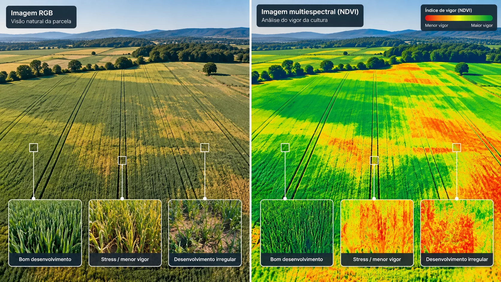 Comparação entre imagem RGB e leitura multiespectral de uma parcela de cereais