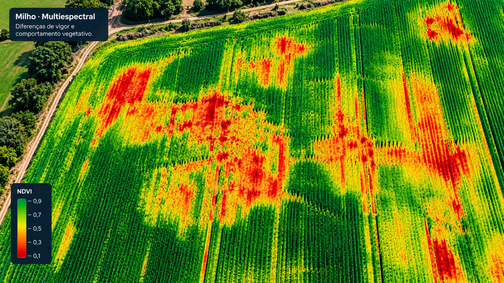 Imagem multiespectral de milho mostrando diferenças de vigor