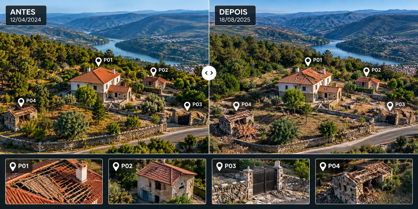Comparação antes e depois através de documentação aérea georreferenciada