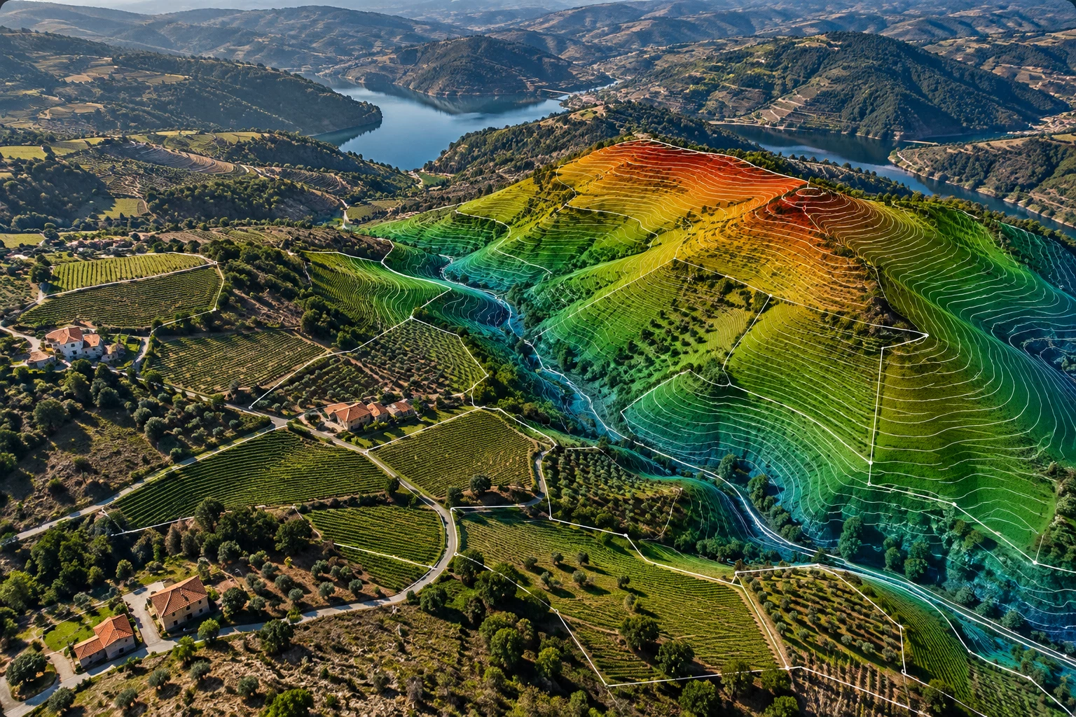 Representação tridimensional do terreno com relevo e curvas de nível
