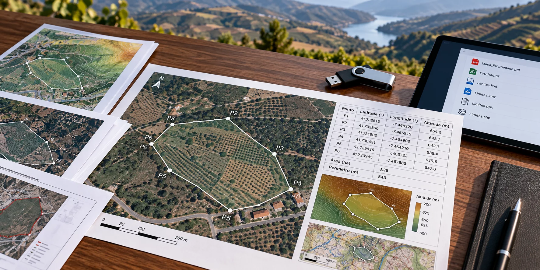 Mapa, coordenadas e ficheiros geográficos preparados como entregáveis de um levantamento GNSS/RTK