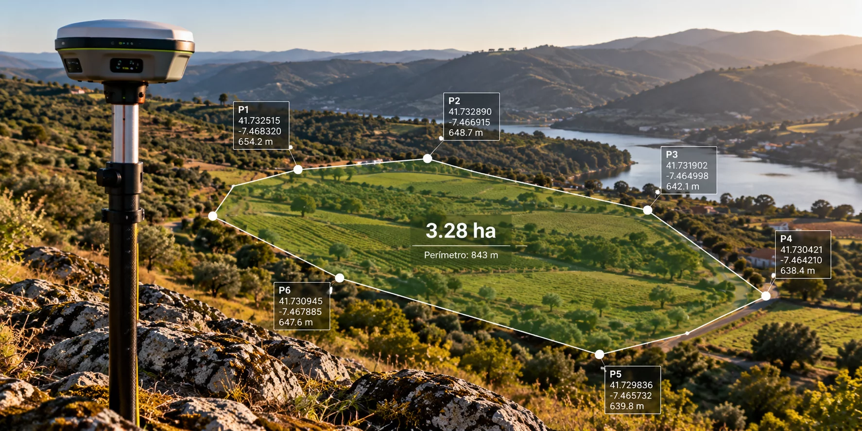 Levantamento GNSS/RTK com pontos, vértices e representação dos limites de uma propriedade