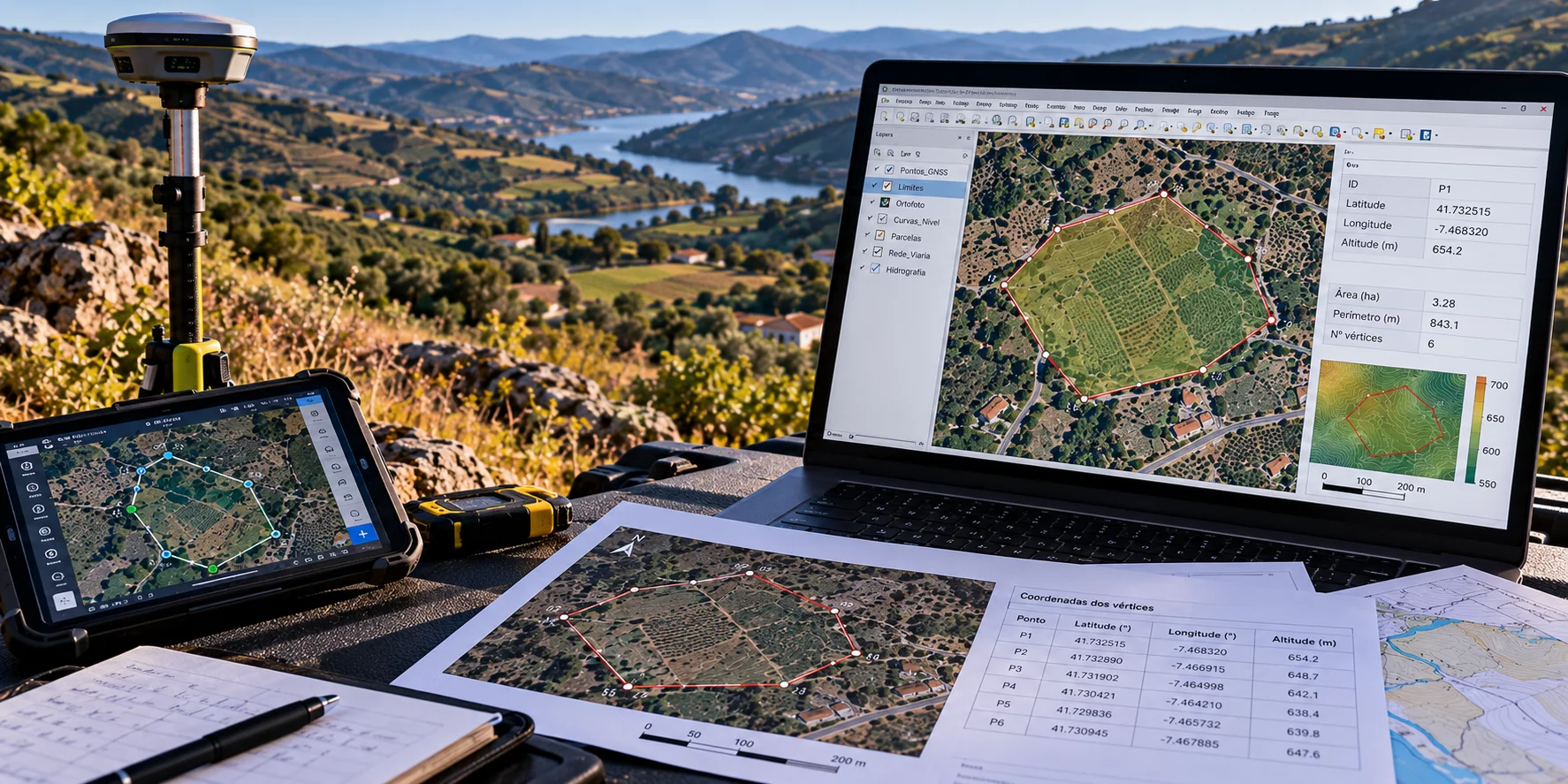 Dados GNSS/RTK integrados num fluxo técnico de cartografia e SIG para profissionais e empresas